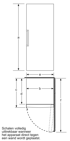 Diagram of a white refrigerator with dimensions labeled. It's a top-down view.