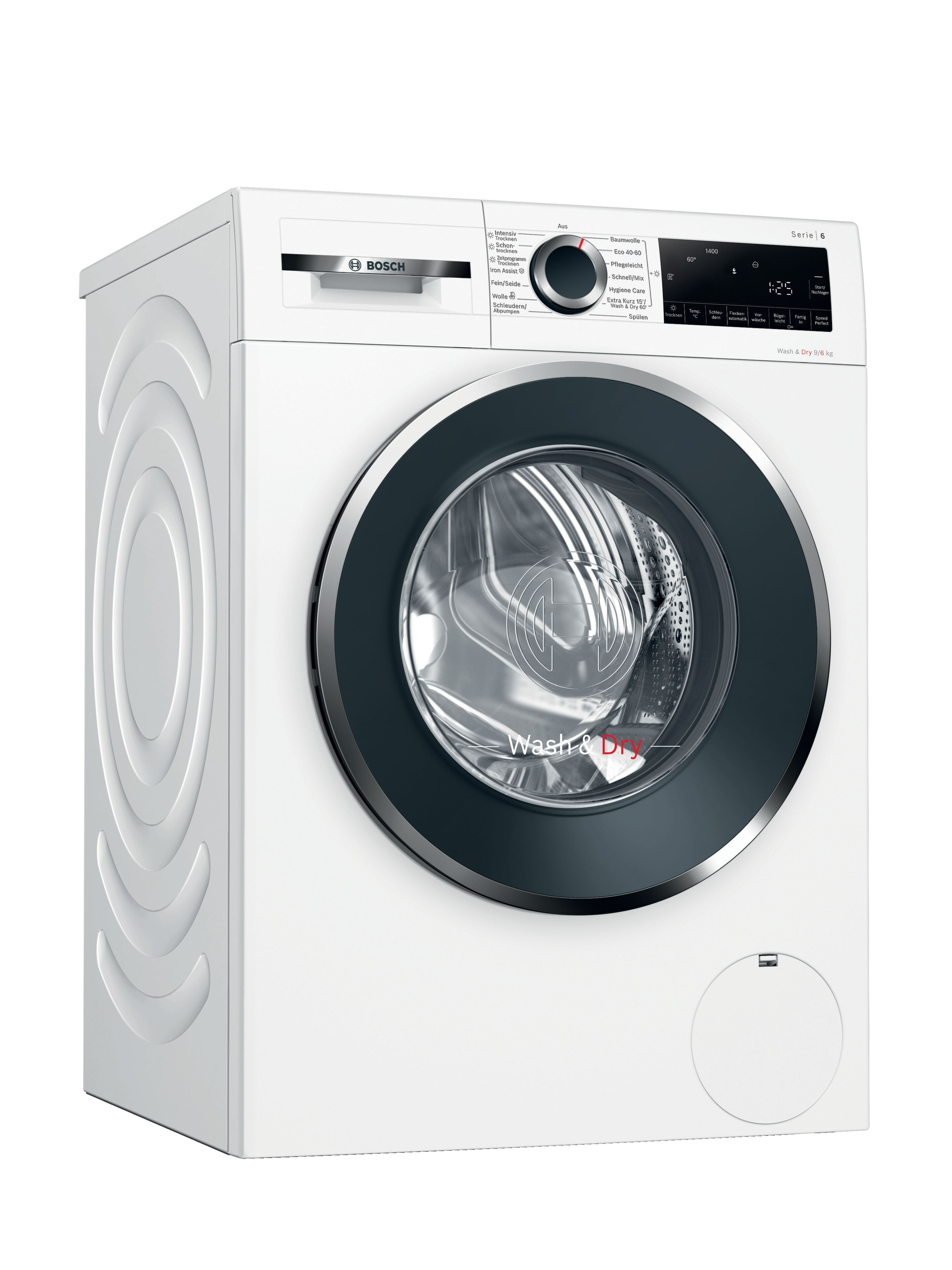 Eine weiße Bosch-Waschmaschine mit schwarzem Türrahmen und Digitalanzeige. Das Logo 'Wash & Dry' ist sichtbar.
