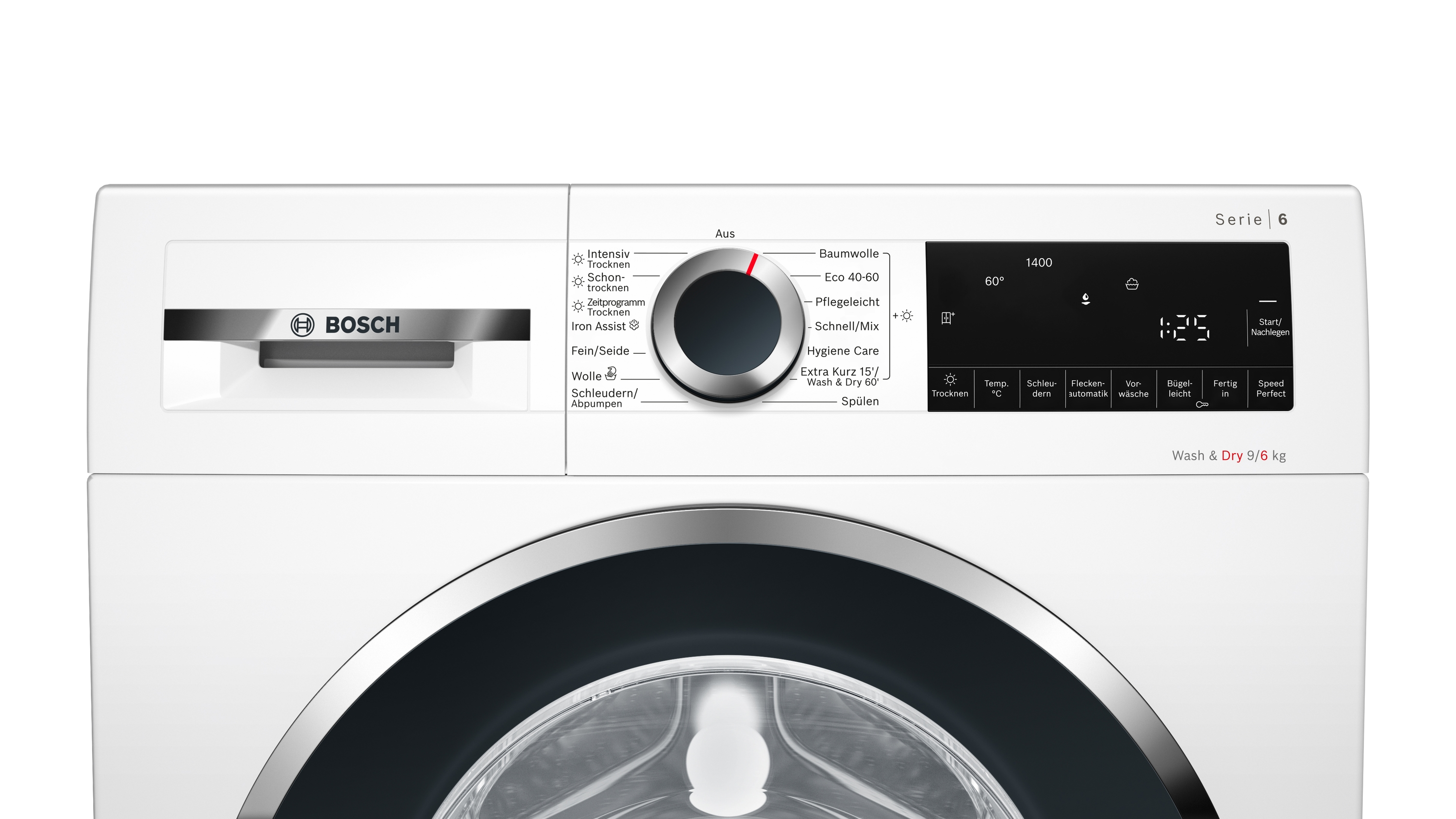 Eine weiße Bosch-Waschmaschine mit Bedienfeld. Der Drehregler steht auf Aus, und die Digitalanzeige ist eingeschaltet.