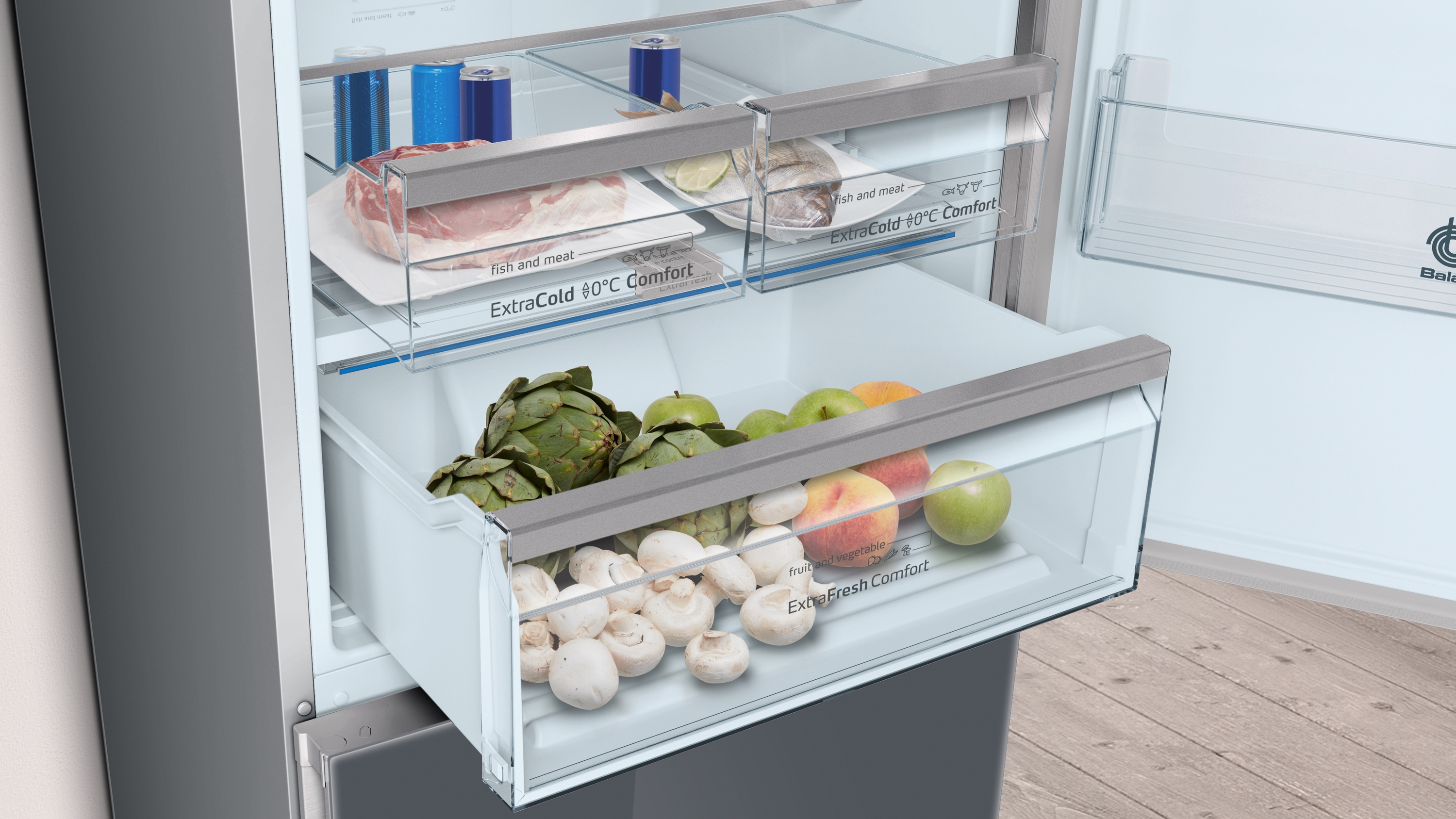 Frigorífico combi - Balay 3KFE778GI Cristal, 435 l, No Frost, Cajón ExtraFresh Comfort, 203 cm, 40 dB, Gris