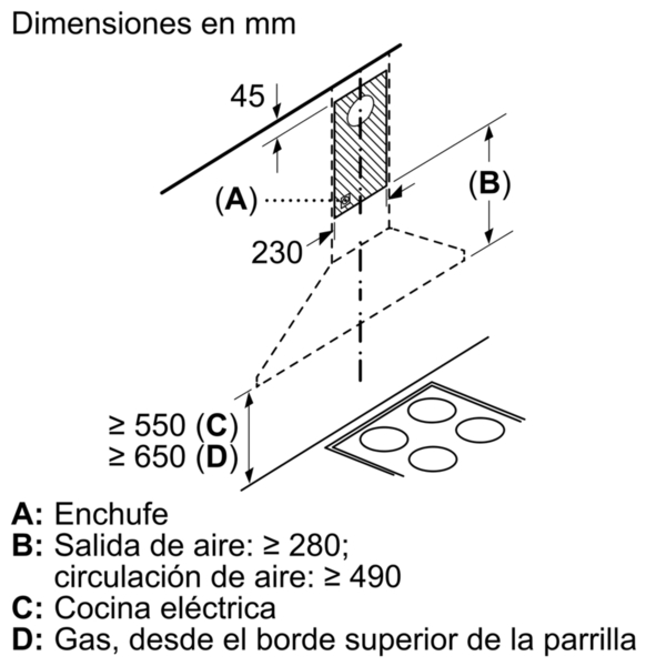 Dibujo técnico de una campana extractora, mostrando dimensiones y una toma de corriente.