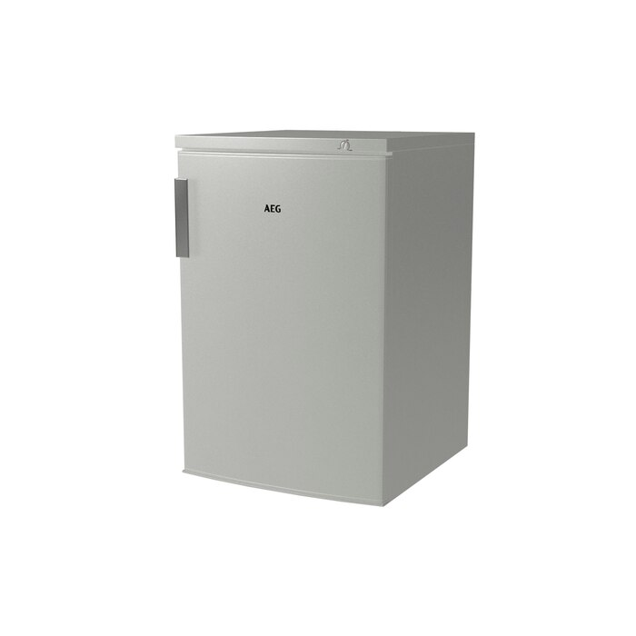 Ein grauer AEG-Kühlschrank auf weißem Hintergrund.