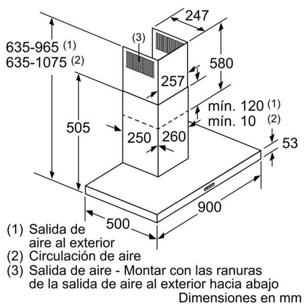 Dibujo técnico de una campana extractora rectangular con dimensiones en mm, etiquetado con texto en español.