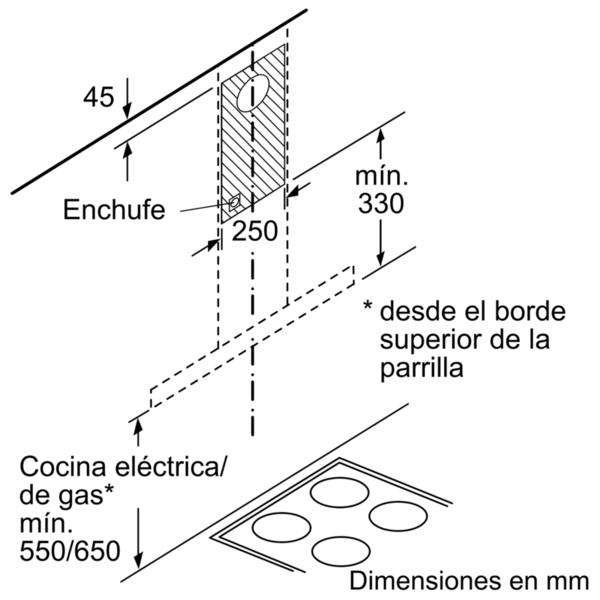 Dibujo técnico de instalación de placa. Muestra dimensiones y corte para placa y enchufe.
