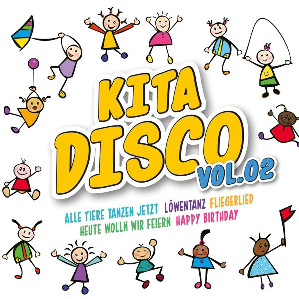 Eine farbenfrohe Illustration für ein Kindermusikalbum mit Strichmännchen und dem Wort 'KITA DISCO'.