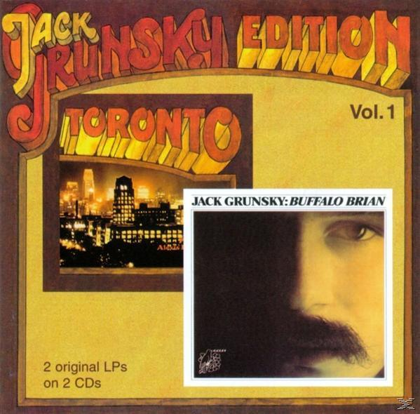 Albumcover für 'Jack Grunsky Edition Toronto Vol. 1'. Zeigt eine Stadt-Skyline und ein Porträt eines Mannes.