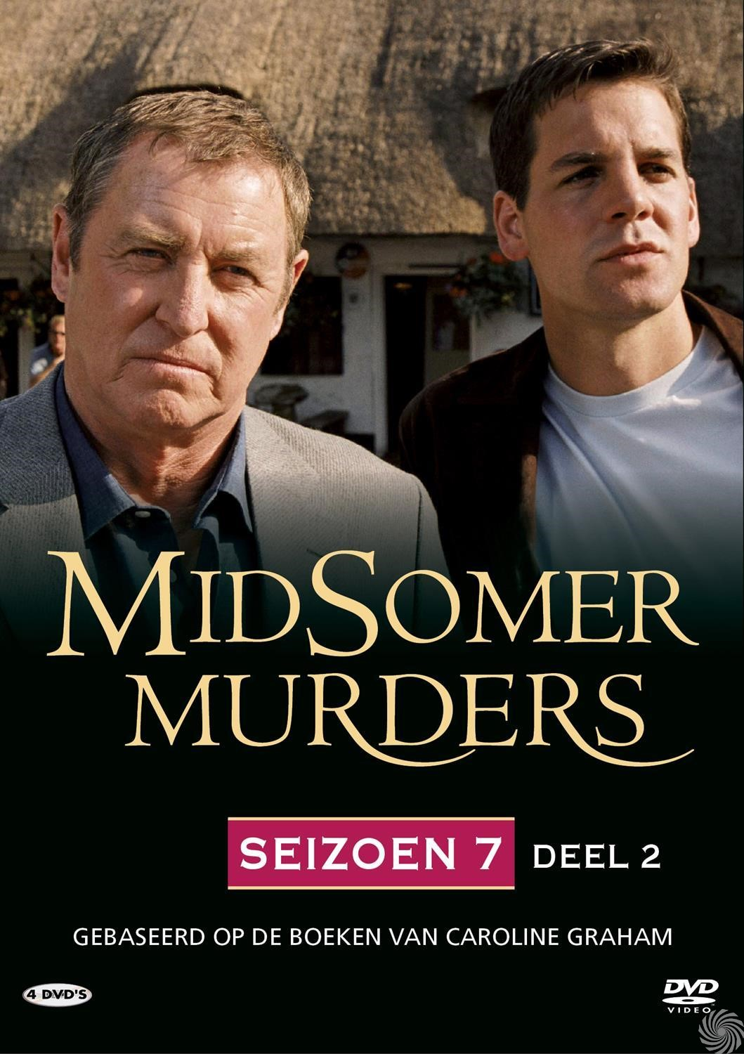 Poster van Midsomer Murders. Twee mannen vooraan. Titel onderaan: Seizoen 7, Deel 2.