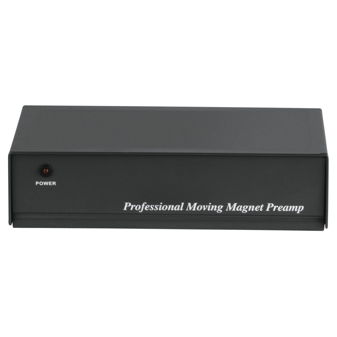 A black electronic device labeled 'Professional Moving Magnet Preamp'. It has a power button.