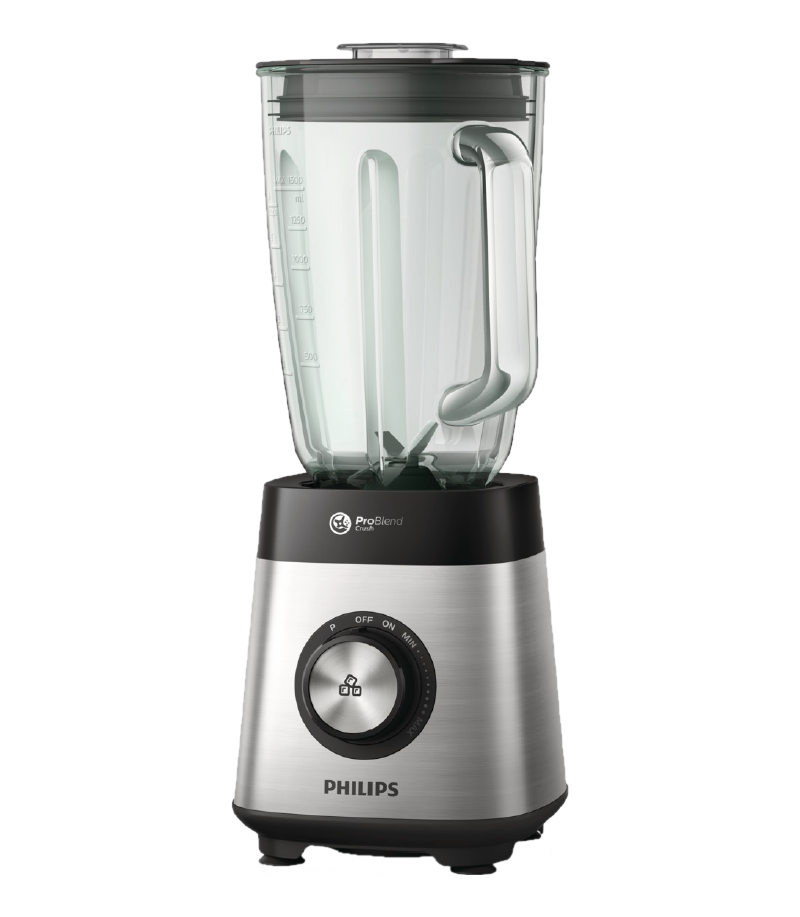 Blender Philips argenté avec pichet en verre et socle noir.