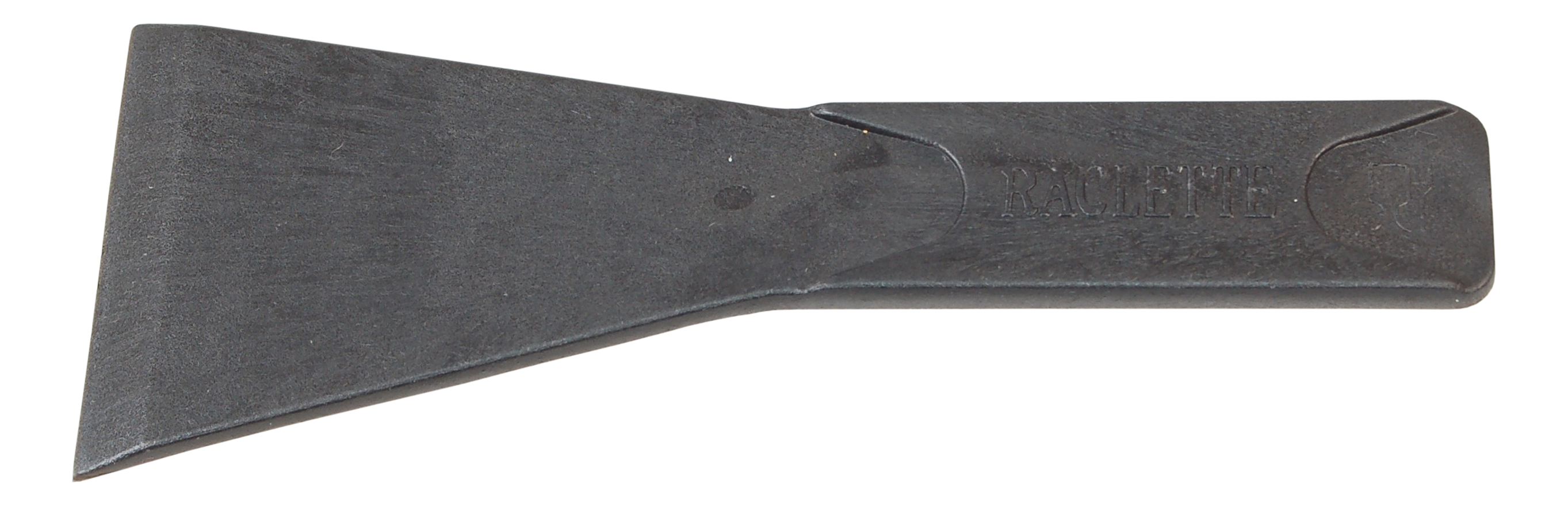Schwarzes Schaberwerkzeug. Abgewinkelte Klinge, Griff mit Text. Schwarzer Hintergrund.