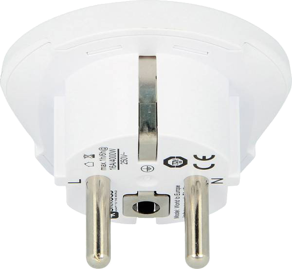 White travel adapter, with two prongs and a recessed grounding pin.