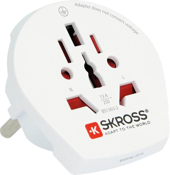 White universal travel adapter with red accents and multiple plug configurations.