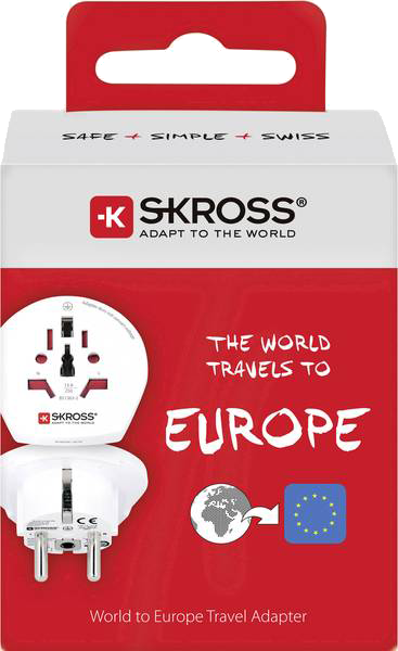 Travel adapter packaging. Red and white. Text: The world travels to Europe.