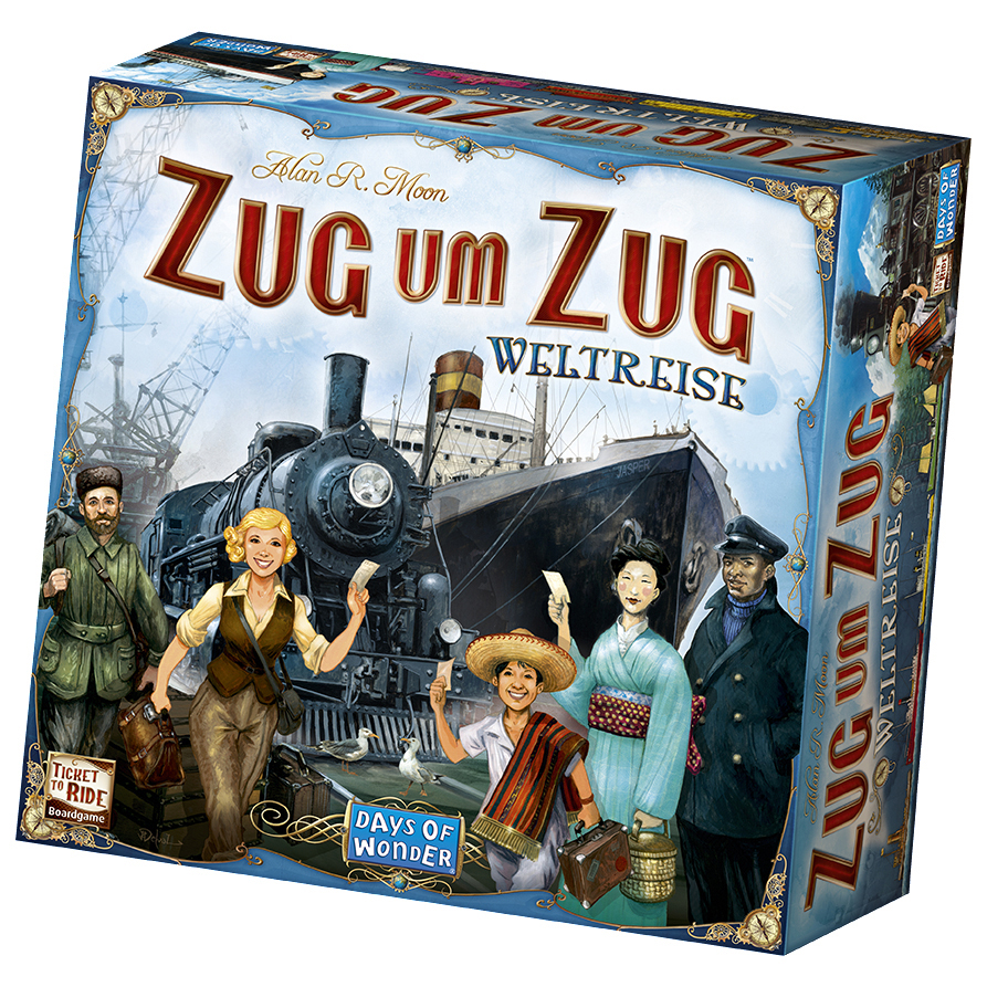 Brettspielbox mit mehreren Personen um einen Zug und ein Schiff. Text: Zug um Zug Weltreise.