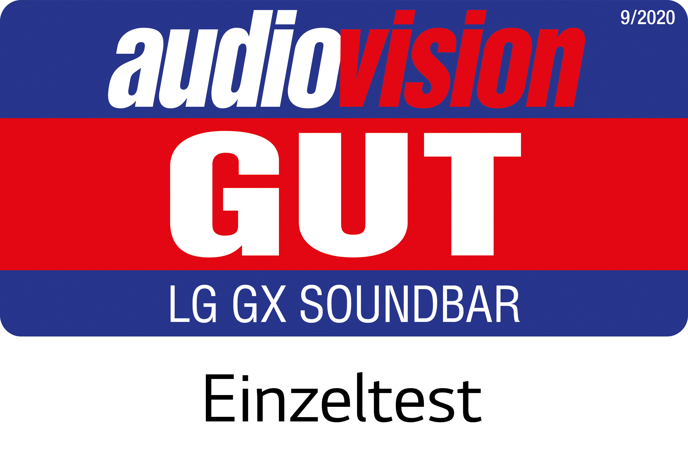 Logo mit 'audio vision' und 'GUT'. Darunter 'LG GX SOUNDBAR' und 'Einzeltest'.