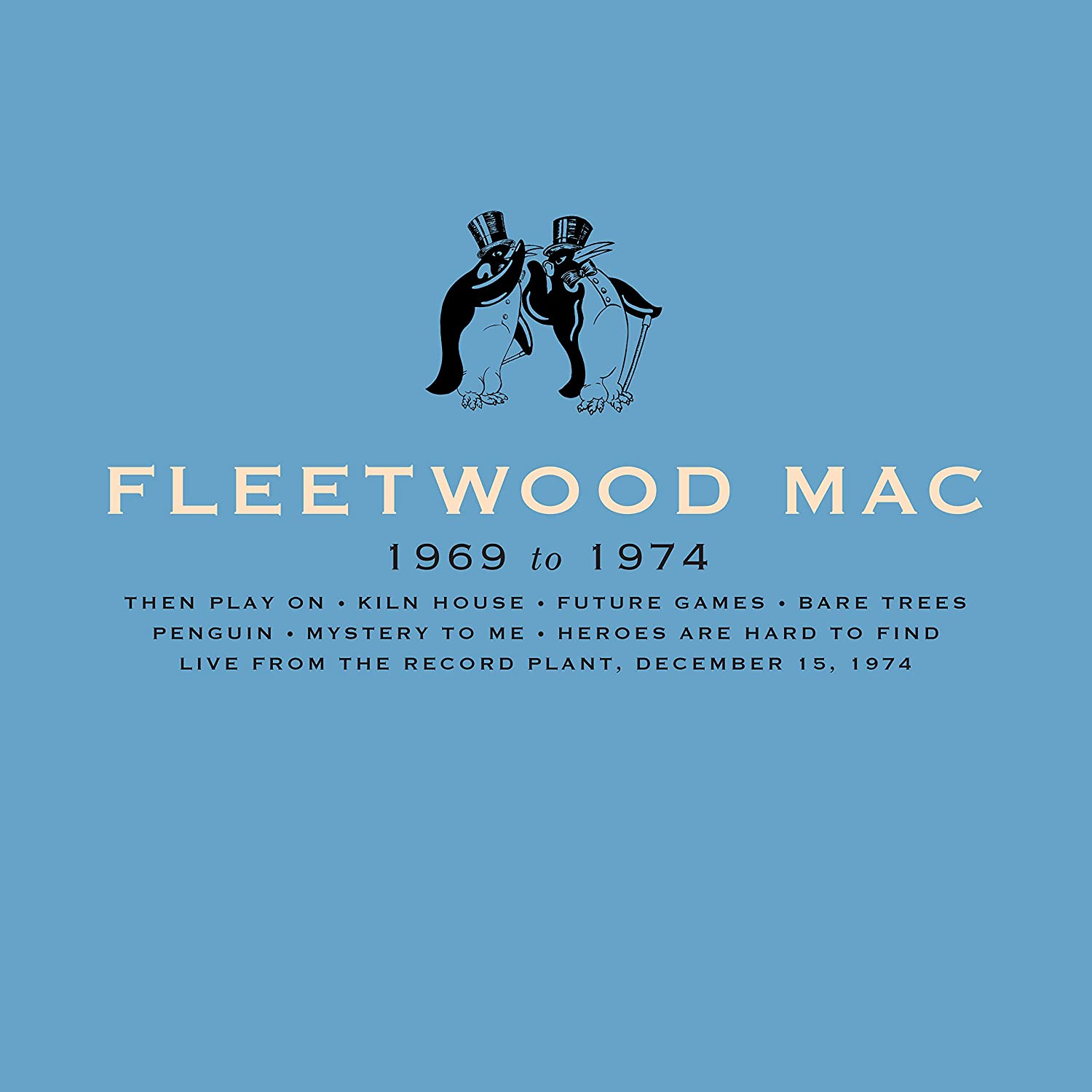 Fleetwood Mac album borító, kék háttér, fekete pingvinek és az album adatai.