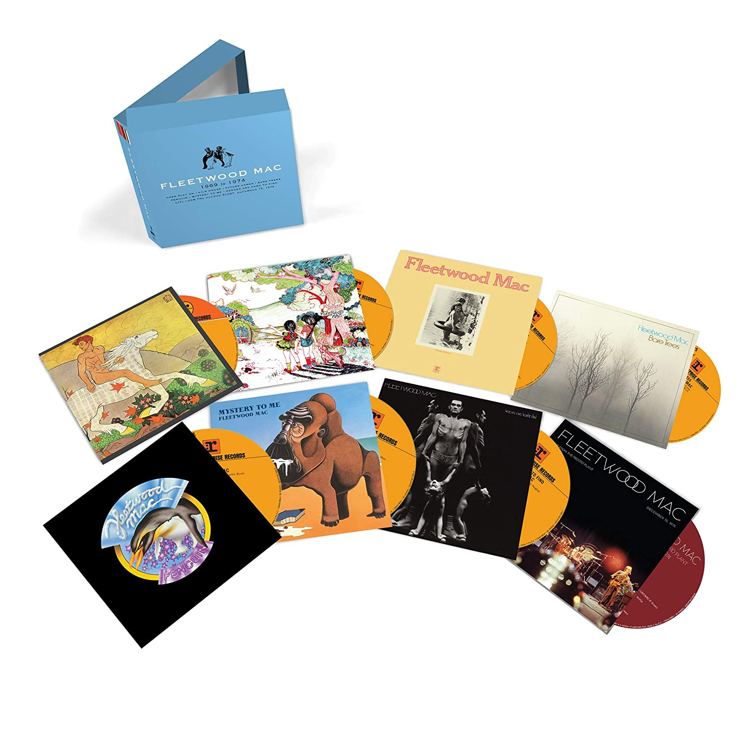 Fleetwood Mac albumok dobozkészlete. Több album borítója és narancssárga bakelit lemez látható.
