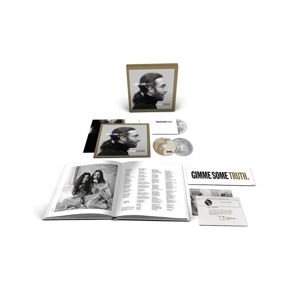 John Lennon album csomagolása CD-vel, füzettel és kézírásos jegyzettel.