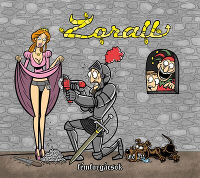 Rajzfilm illusztráció: lovag, hercegnő és bolond egy várban. A lovag a ruhát vágja, a kutya a cipőt harapja.