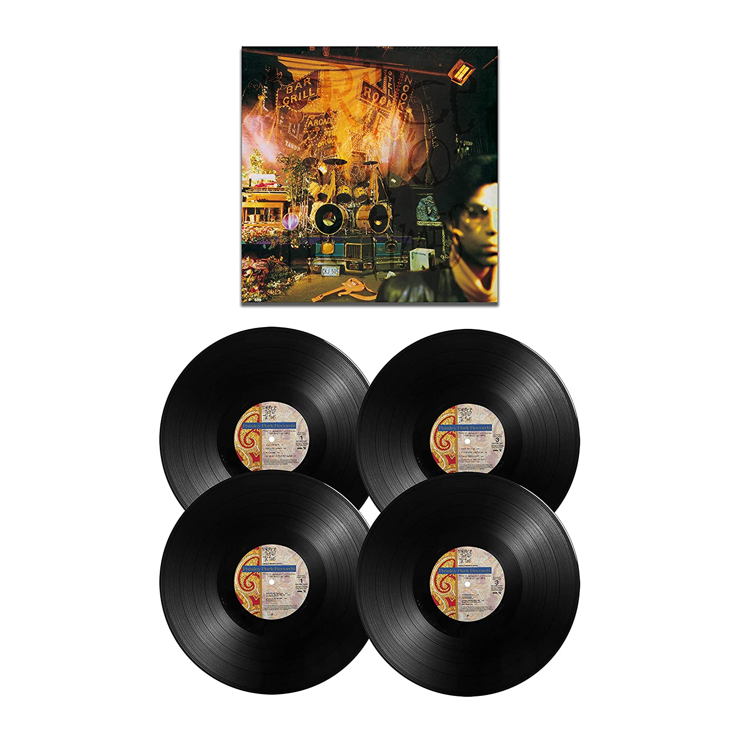 Vinil lemezek gyűjteménye és egy festmény egy színpadról hangszerekkel, lámpákkal és egy zenésszel.