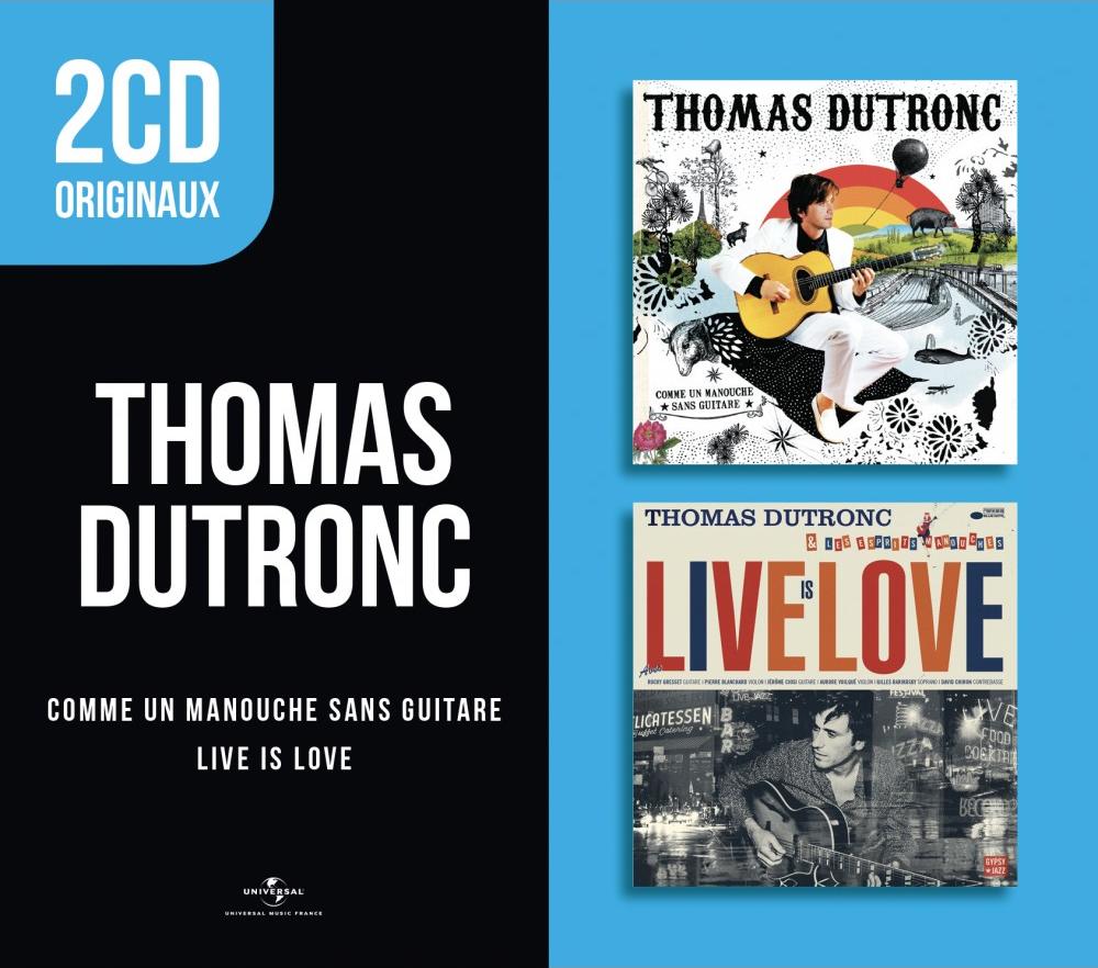 Twee albumhoezen van Thomas Dutronc. Tekst en afbeeldingen op hoezen; 2CD-label. Witte en blauwe achtergrond.