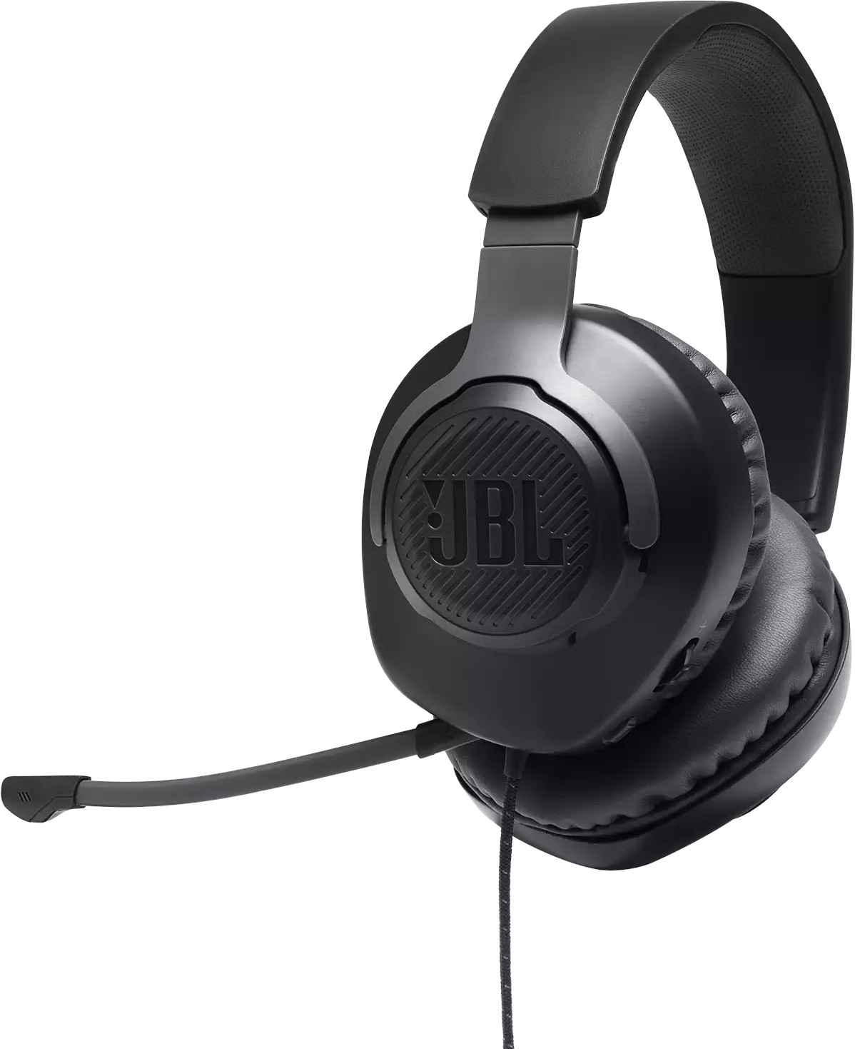 Casque JBL noir avec micro, incliné vers la gauche, sur fond blanc.