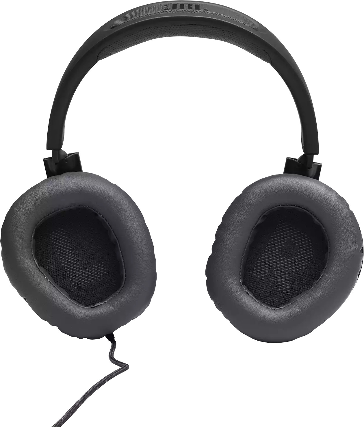 Casque circum-auriculaire JBL noir avec oreillettes grises et un fil de connexion.