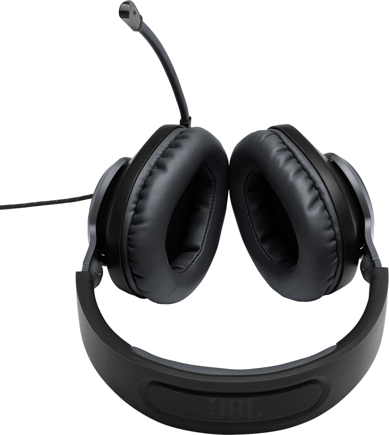 Casque noir avec microphone, sur fond blanc. Le casque sourit.