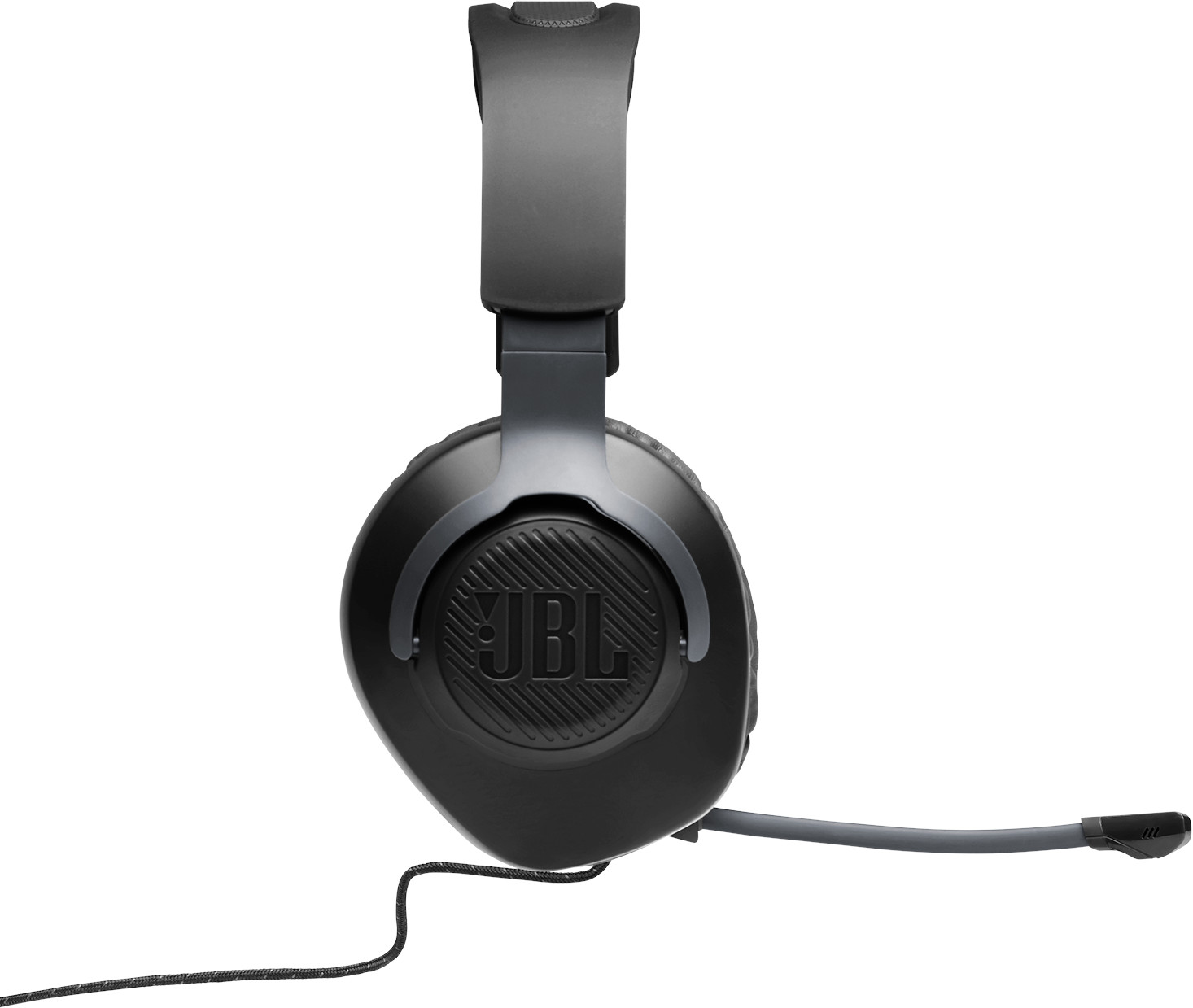 Casque JBL noir avec microphone. Isolé sur fond blanc. Vue de dessus.