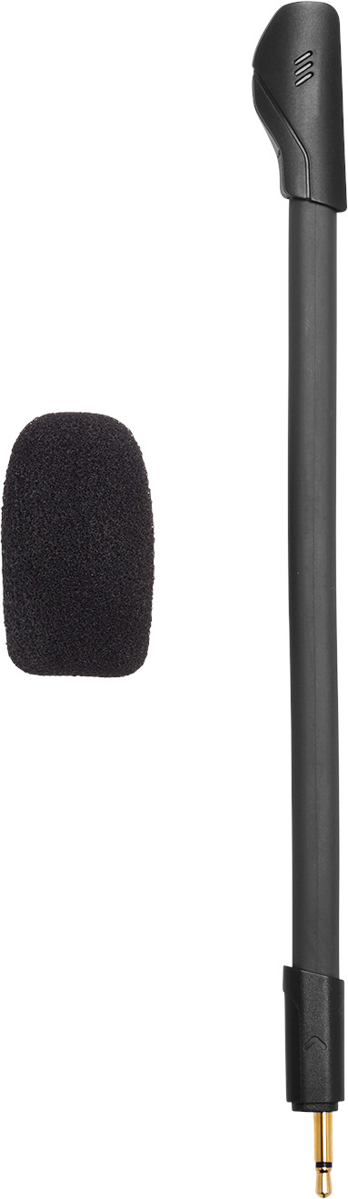 Un microphone noir avec un cache en mousse et un bras flexible.