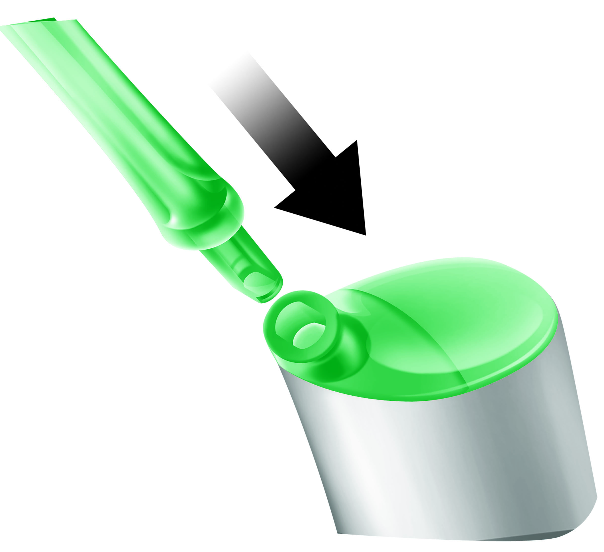Grüner Stift gießt Flüssigkeit in eine grüne Flasche. Ein schwarzer Pfeil zeigt die Aktion an.
