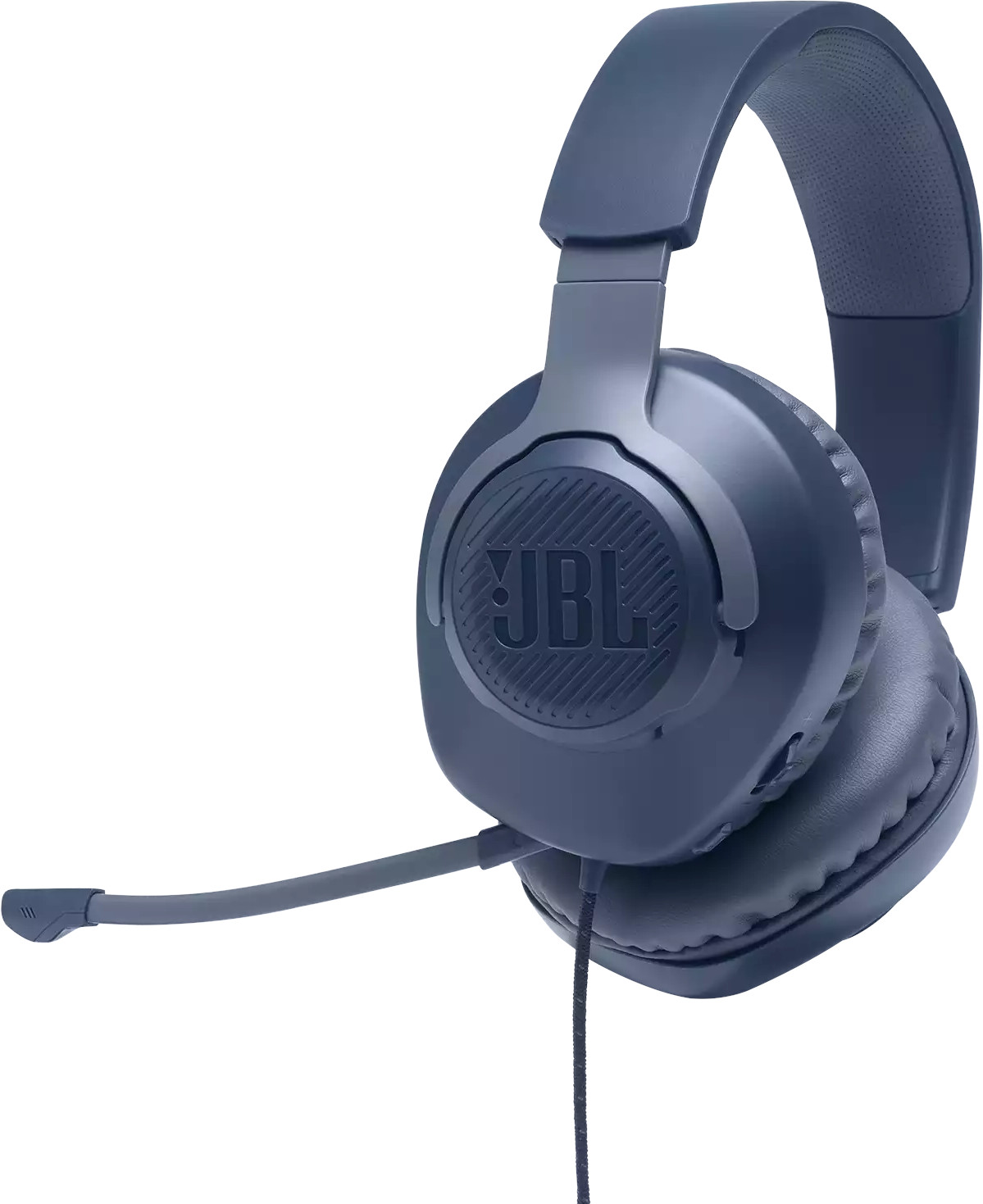 Donkerblauwe JBL-headset met een microfoon en een zwart snoer.