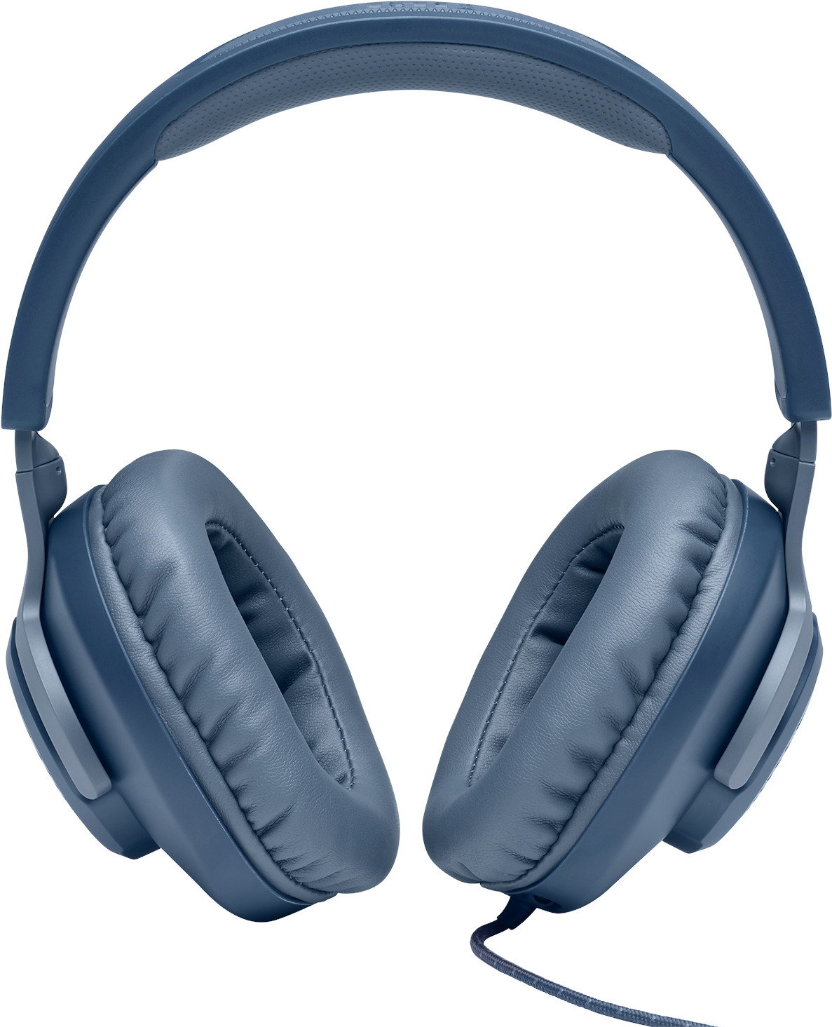 Blauwe koptelefoon op een witte achtergrond. De koptelefoon heeft een afgerond ontwerp.