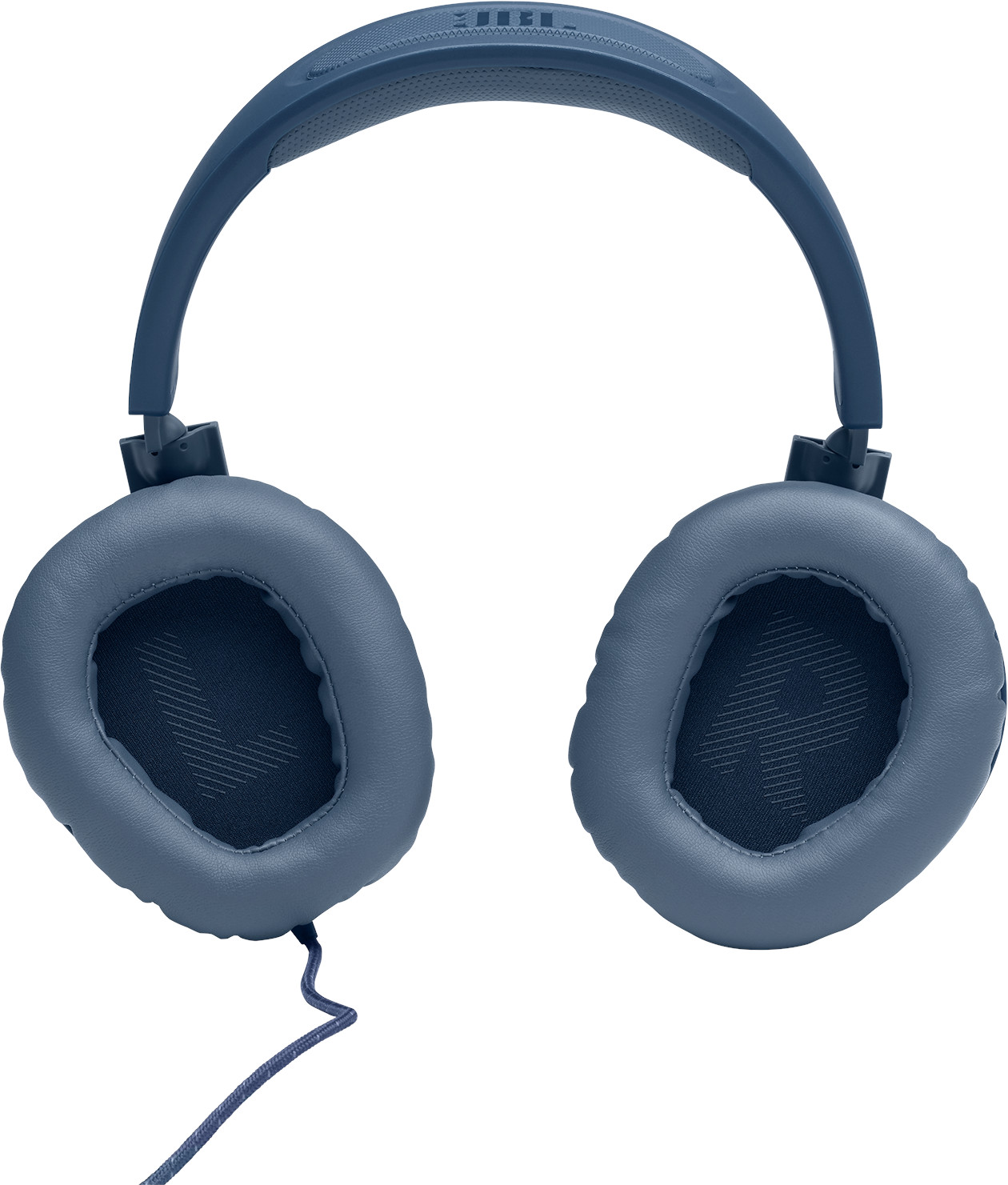 Blauwe koptelefoon met een blauwe kabel op een witte achtergrond. Bovenaanzicht.