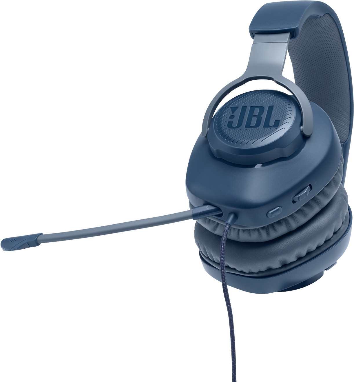 Blauwe koptelefoon met een microfoon en kabel. De koptelefoon staat op een witte achtergrond.