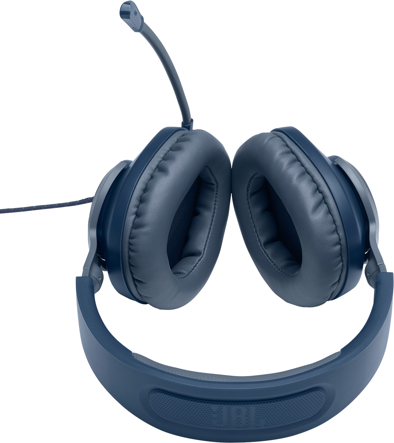 Blauwe koptelefoon met microfoon. De oorschelpen en hoofdband zijn zichtbaar. De achtergrond is wit.