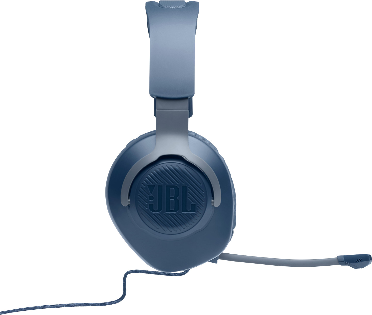 Blauwe JBL headset met een microfoon op een witte achtergrond.