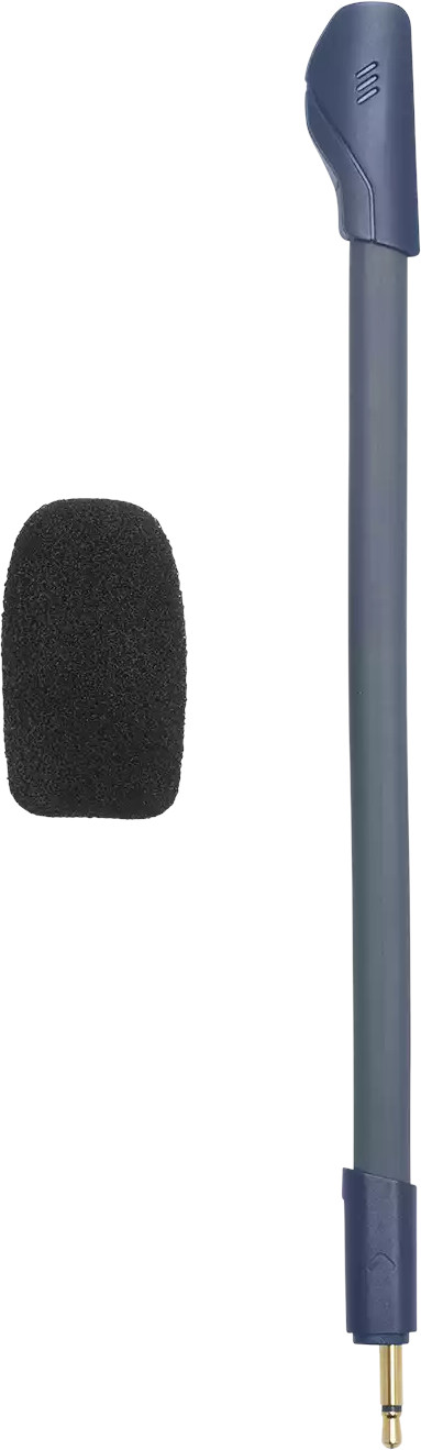 Een microfoon en een microfoonhoesje naast een headsetarm met een connector.