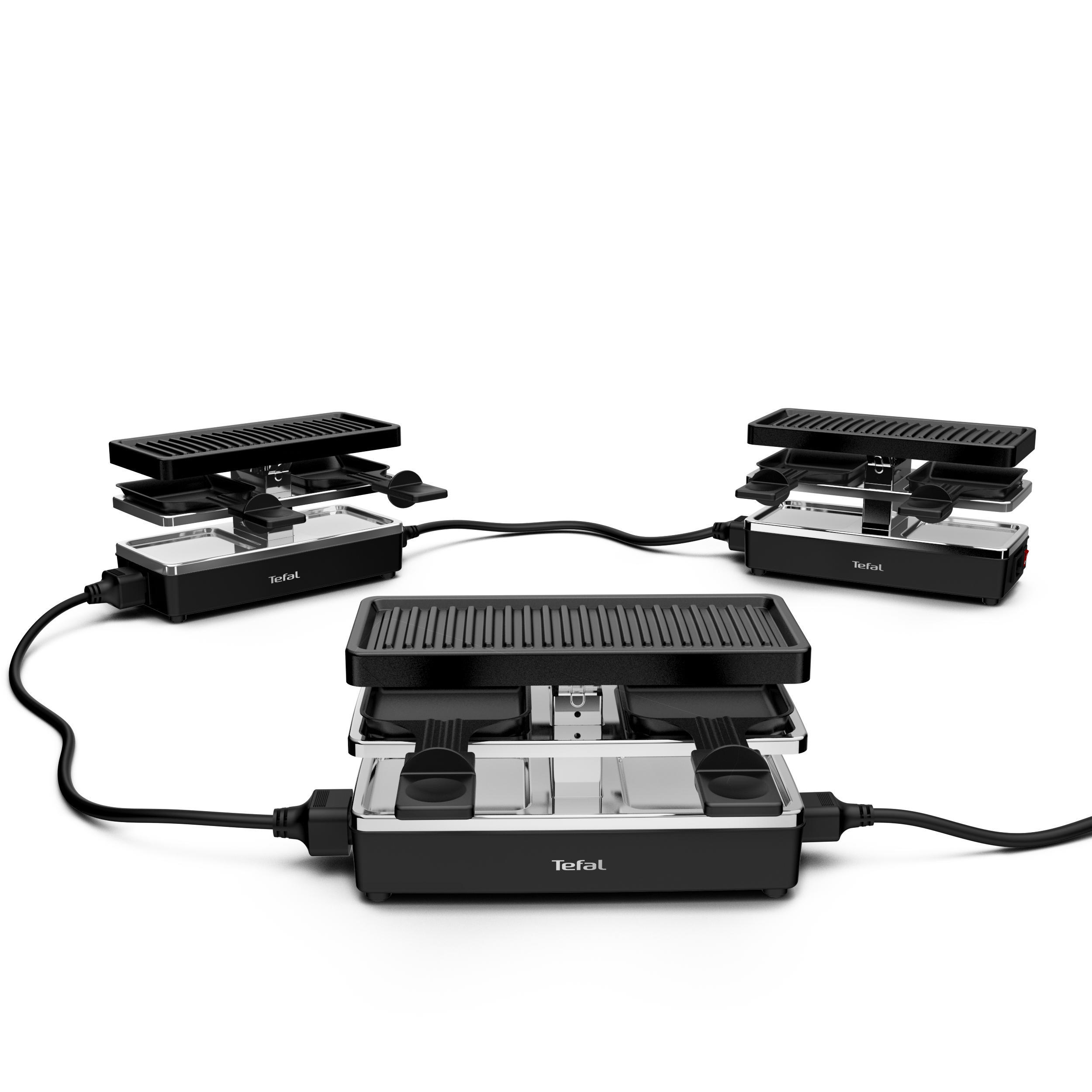 Drei Tefal Raclette-Grills, verbunden, Draufsicht, vor weißem Hintergrund.