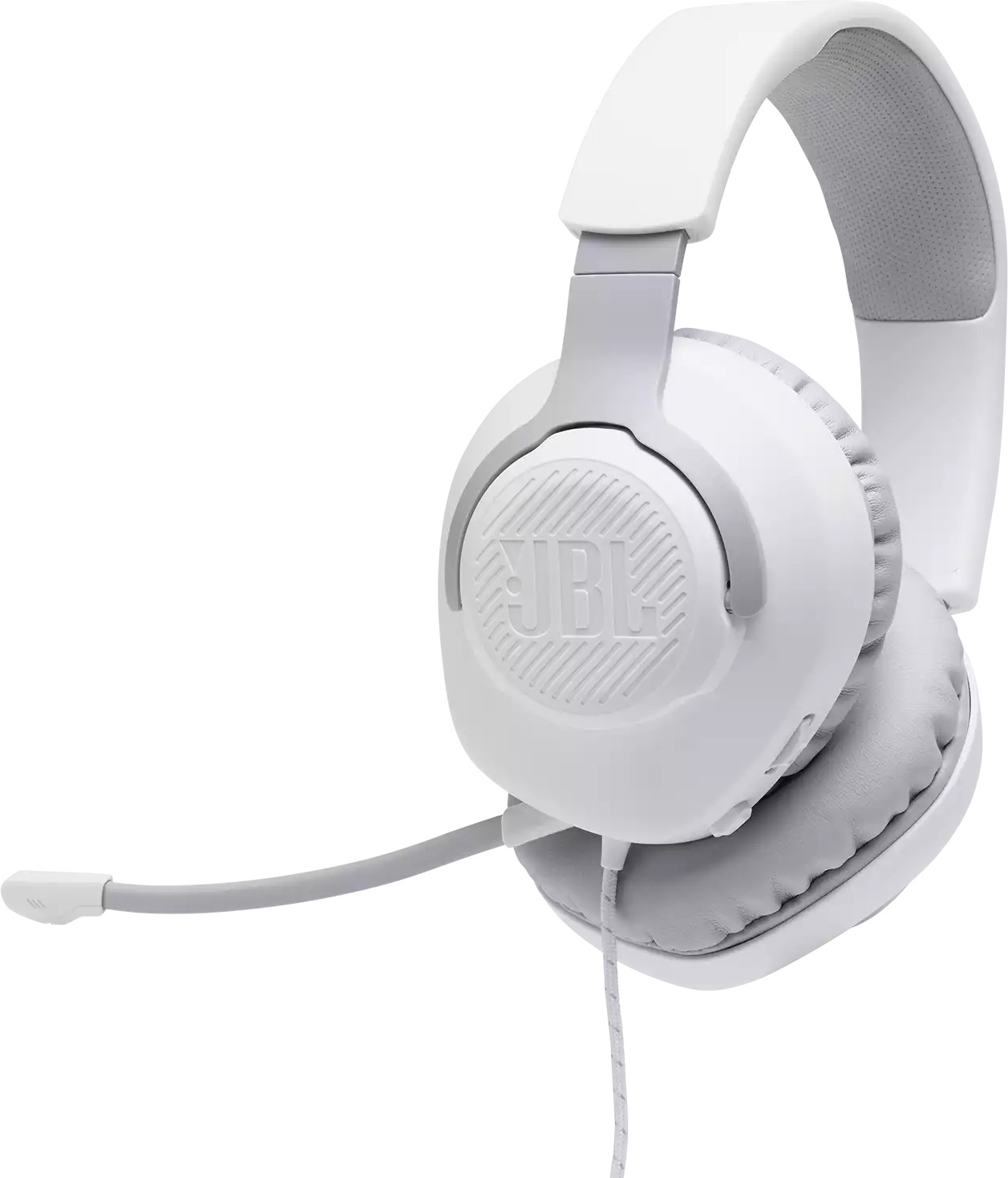 Witte en grijze JBL-koptelefoon met een microfoon.