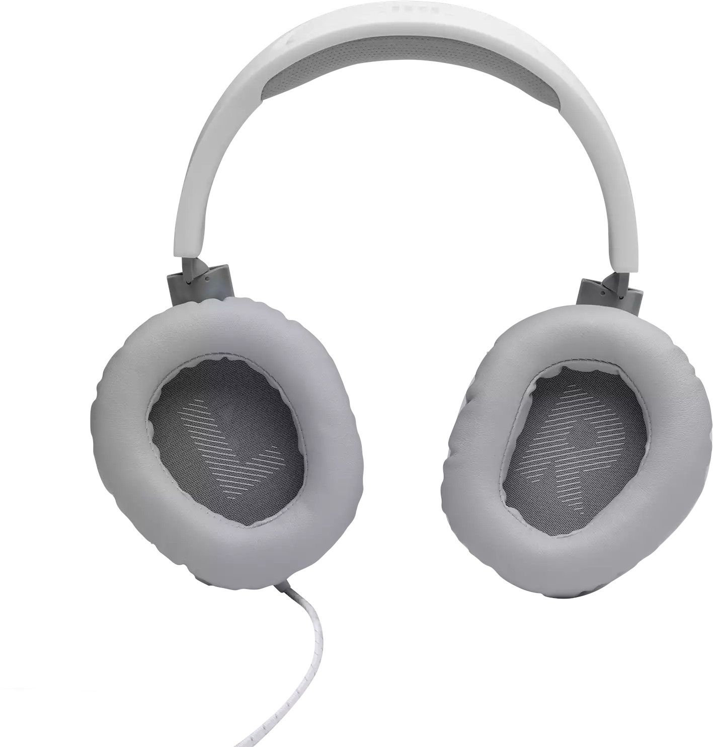Witte koptelefoon, grijze oorschelpen, grijze hoofdband, witte kabel. Geïsoleerd op wit.