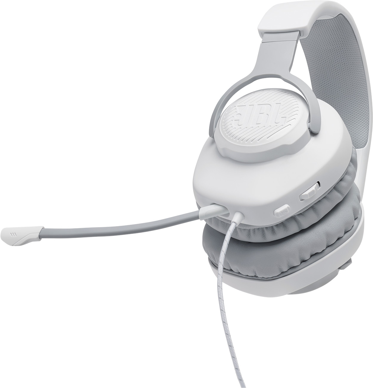 Witte en grijze JBL-headset met aangesloten microfoon, geïsoleerd op witte achtergrond.