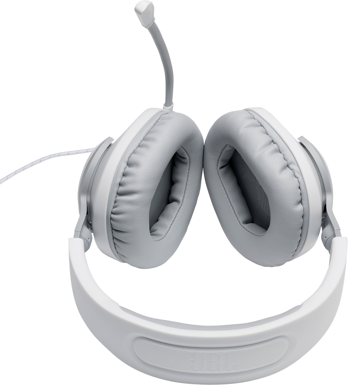 Witte en grijze gaming headset. Twee oorschelpen, microfoon en hoofdband. Geïsoleerd op wit.