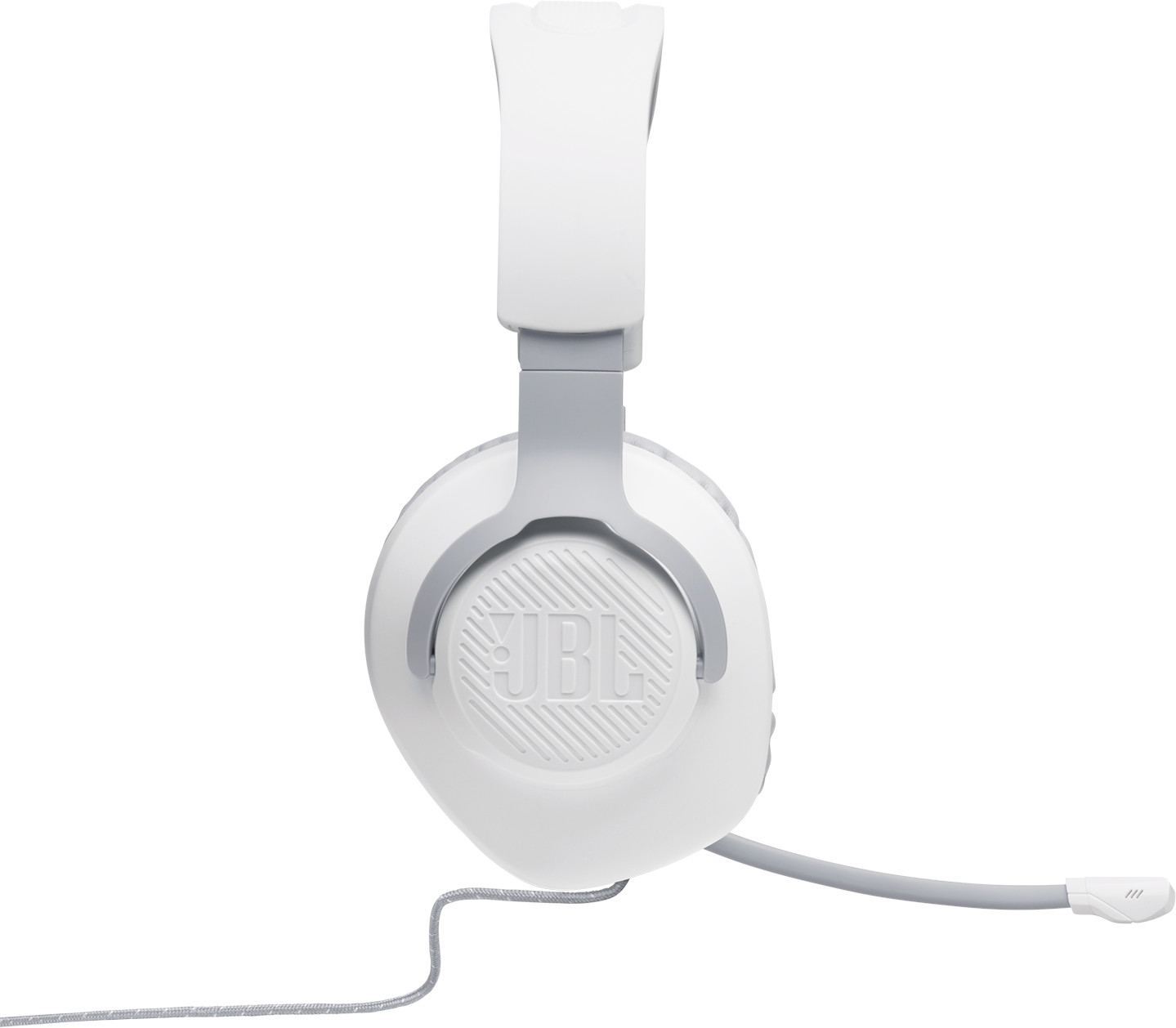 Witte JBL koptelefoon. De hoofdband en oorschelpen zijn wit. Een microfoon is bevestigd.