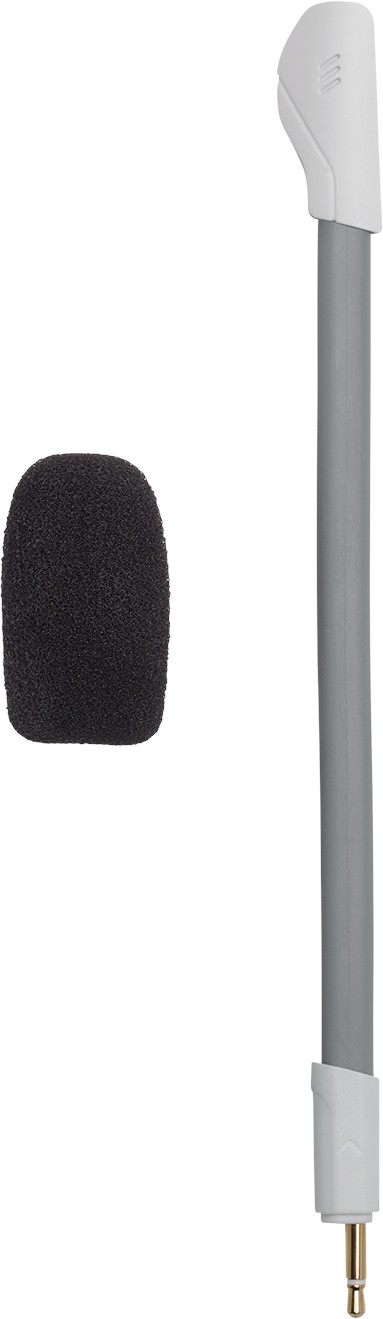 Microfoon en popfilter. Grijze microfoonarm. Witte uiteinden. Zwart popfilter links.