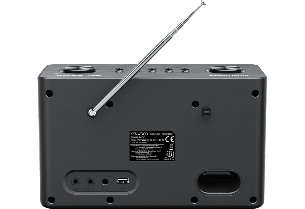 Rückansicht eines dunkelgrauen Kenwood Smart Radios mit Knöpfen und einer Antenne.