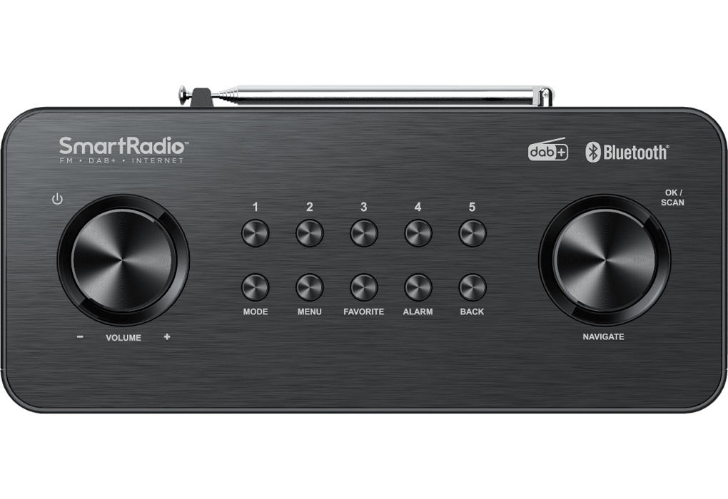 Schwarzes und silbernes SmartRadio mit Knöpfen und digitaler Anzeige.