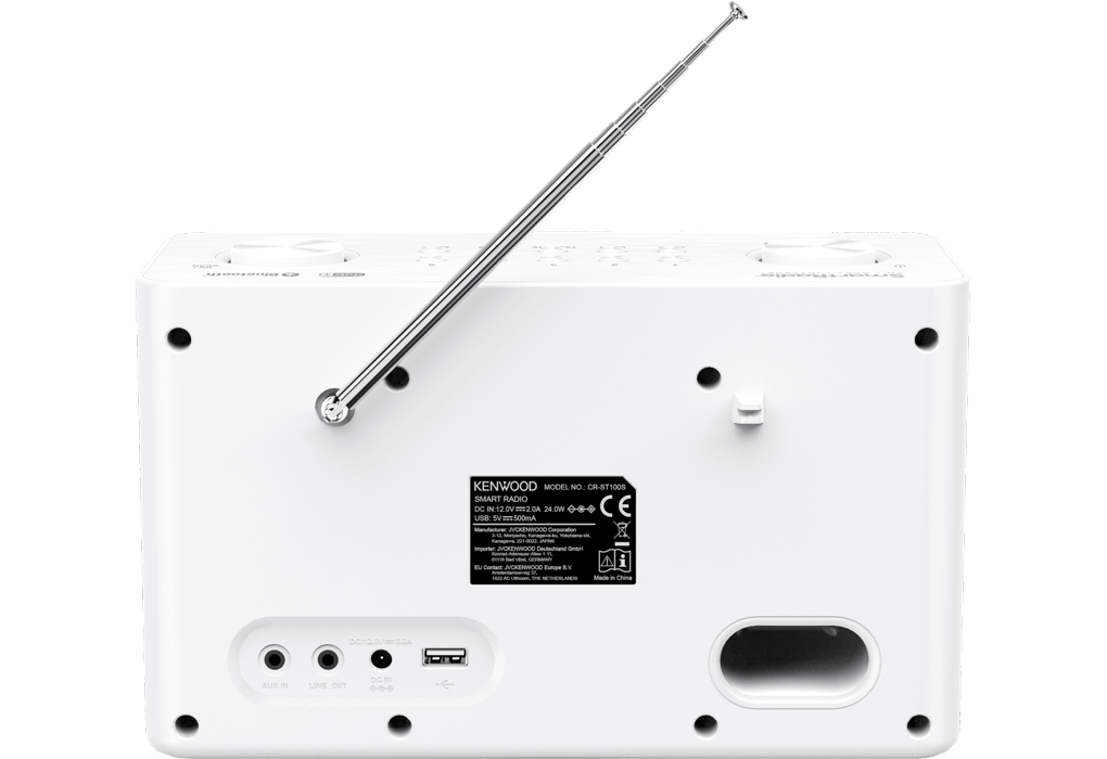 Rückseite eines weißen Kenwood Smart Radios. Antenne und Anschlüsse sind sichtbar.