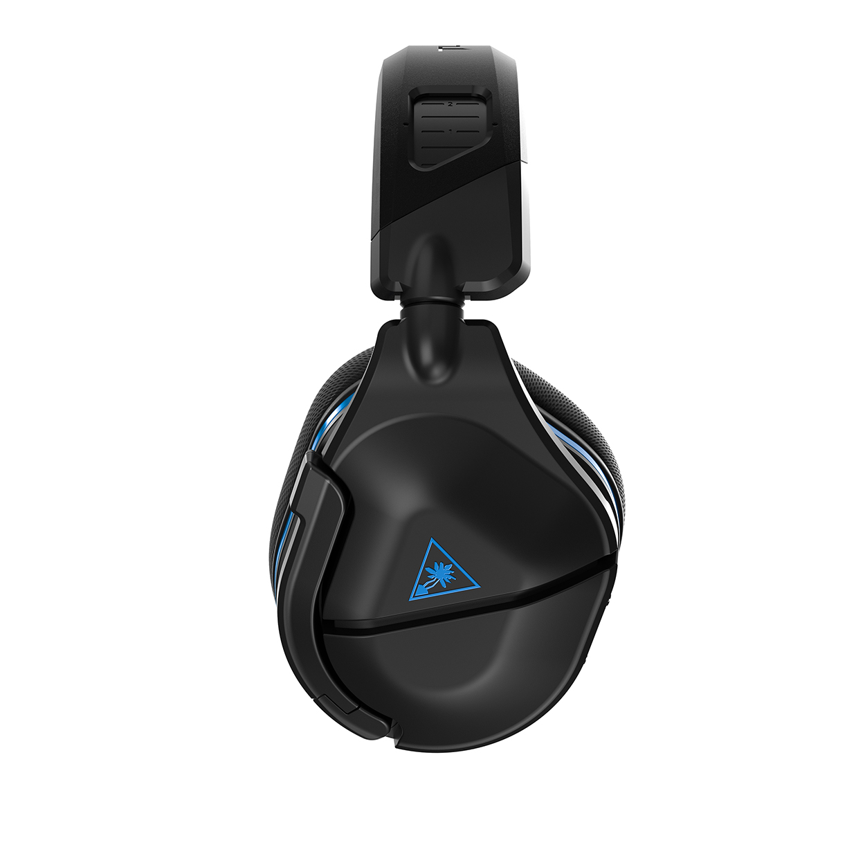 Zwarte gaming headset met blauwe accenten, op een witte achtergrond.
