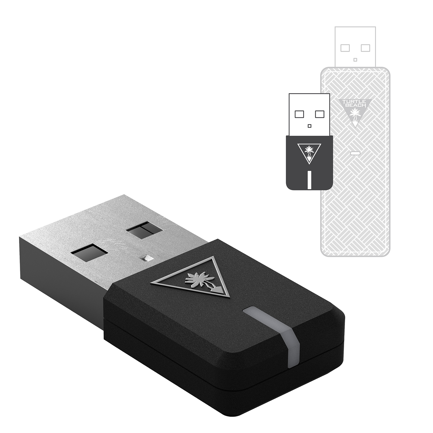 Een zwarte USB-dongle met een wit logo. De doos toont een tweede dongle-omtrek.